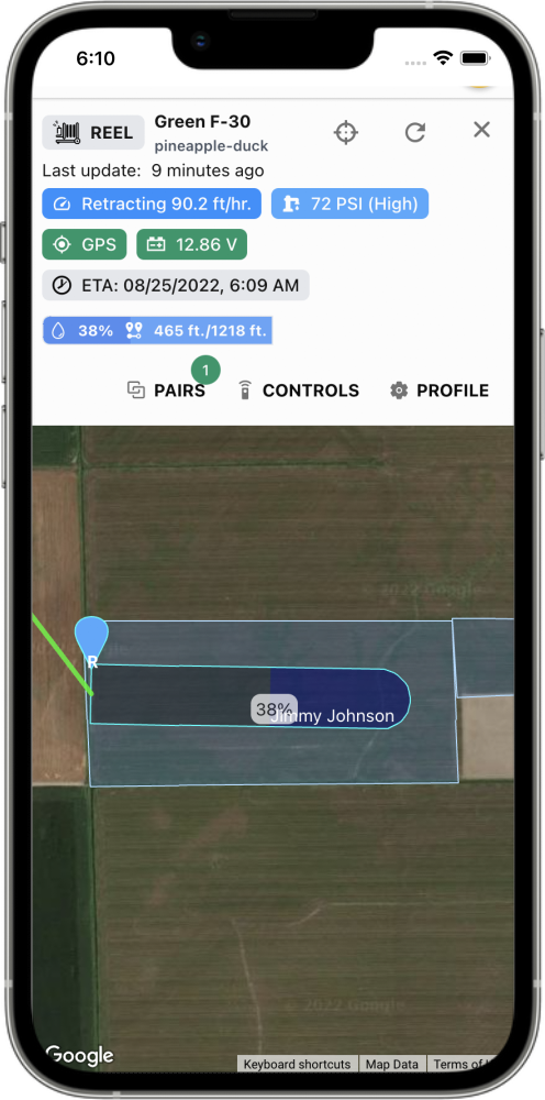 FarmHQ irrigation reel status monitoring screenshot